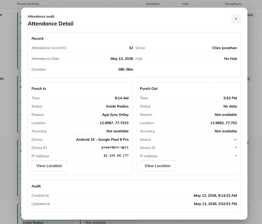 Attendance detail audit modal with punch in and punch out records.