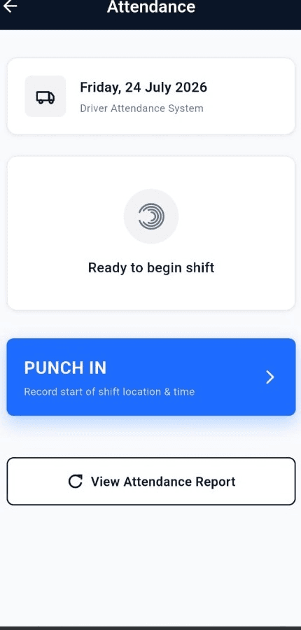 Mobile driver attendance punch-in screen.