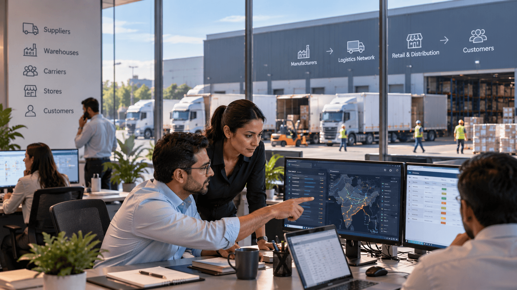 Operations team discussing connected logistics information in an office