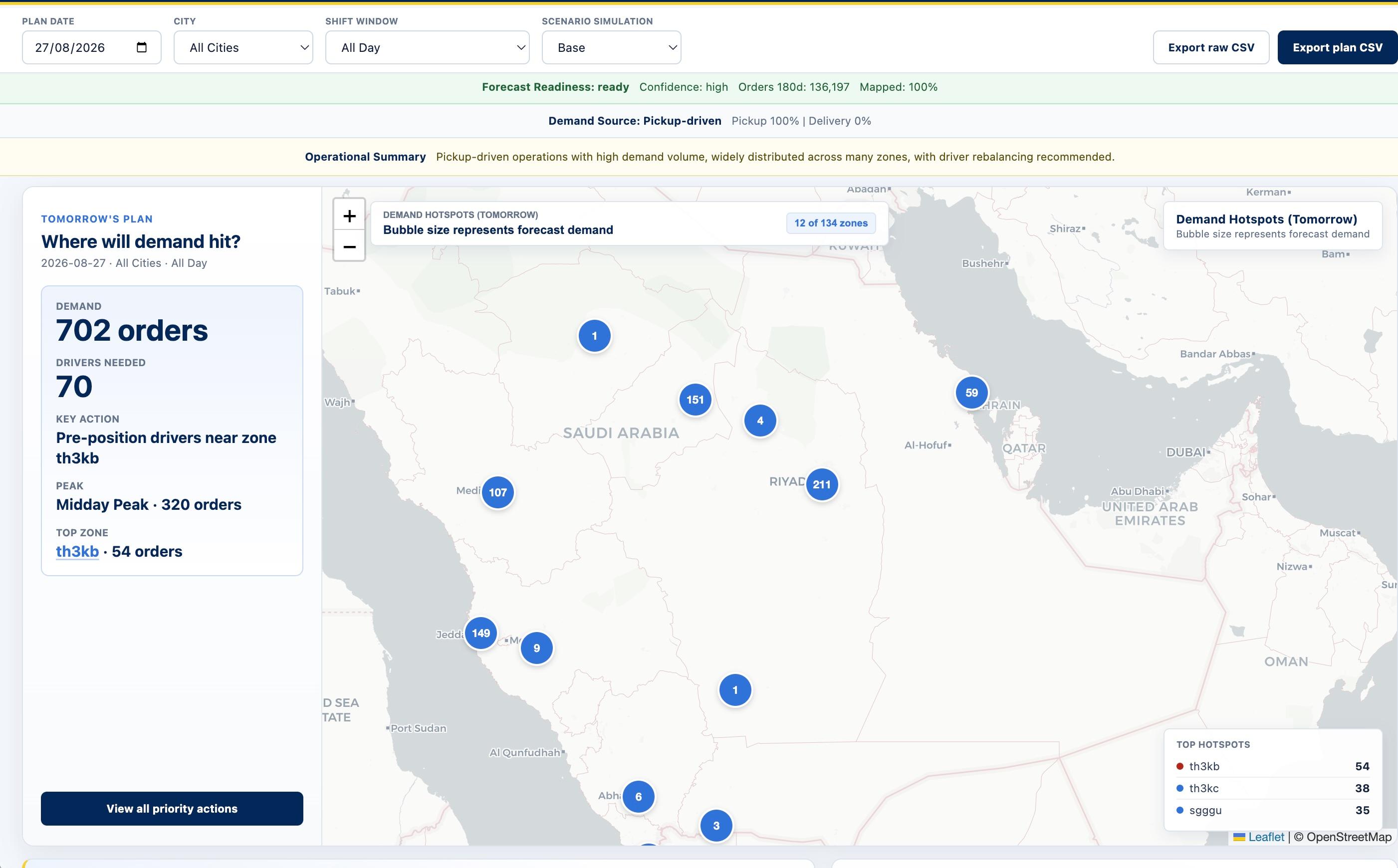 Logibee AI Operations Planning forecast showing tomorrow's demand hotspots and required driver capacity.