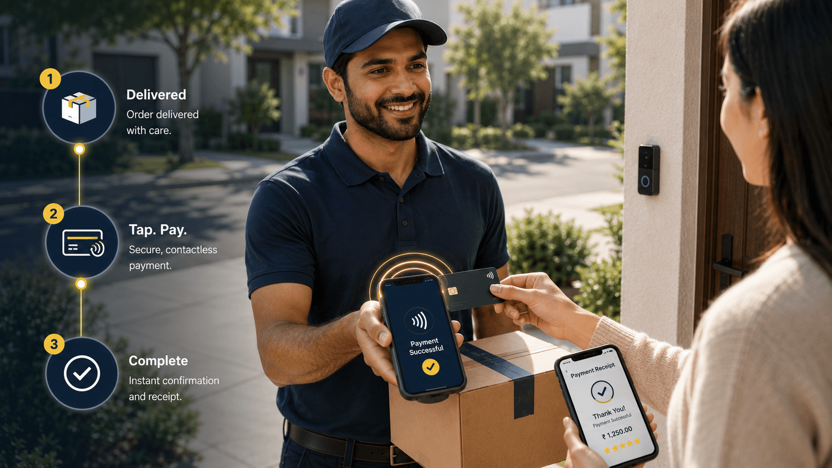 Contactless payment completed during a doorstep delivery.