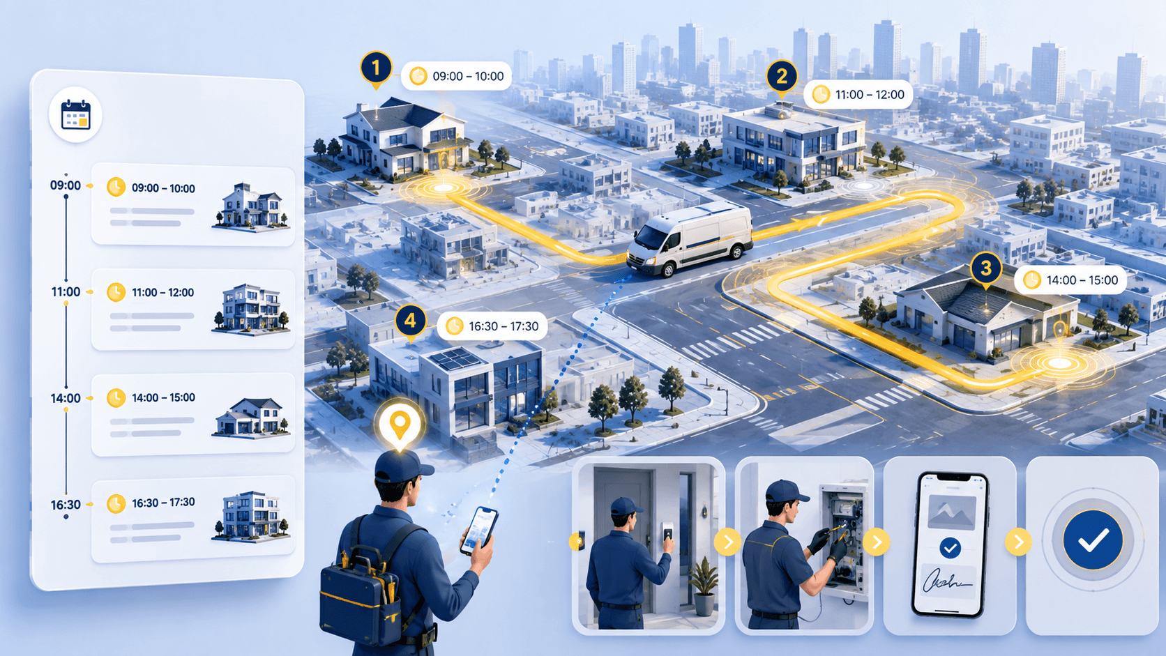 Field service technician schedule connecting timed appointments and service completion.