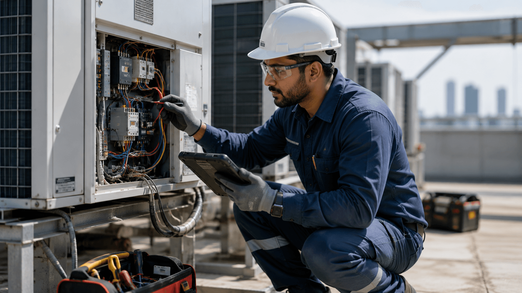 Field technician servicing equipment with digital verification on a tablet
