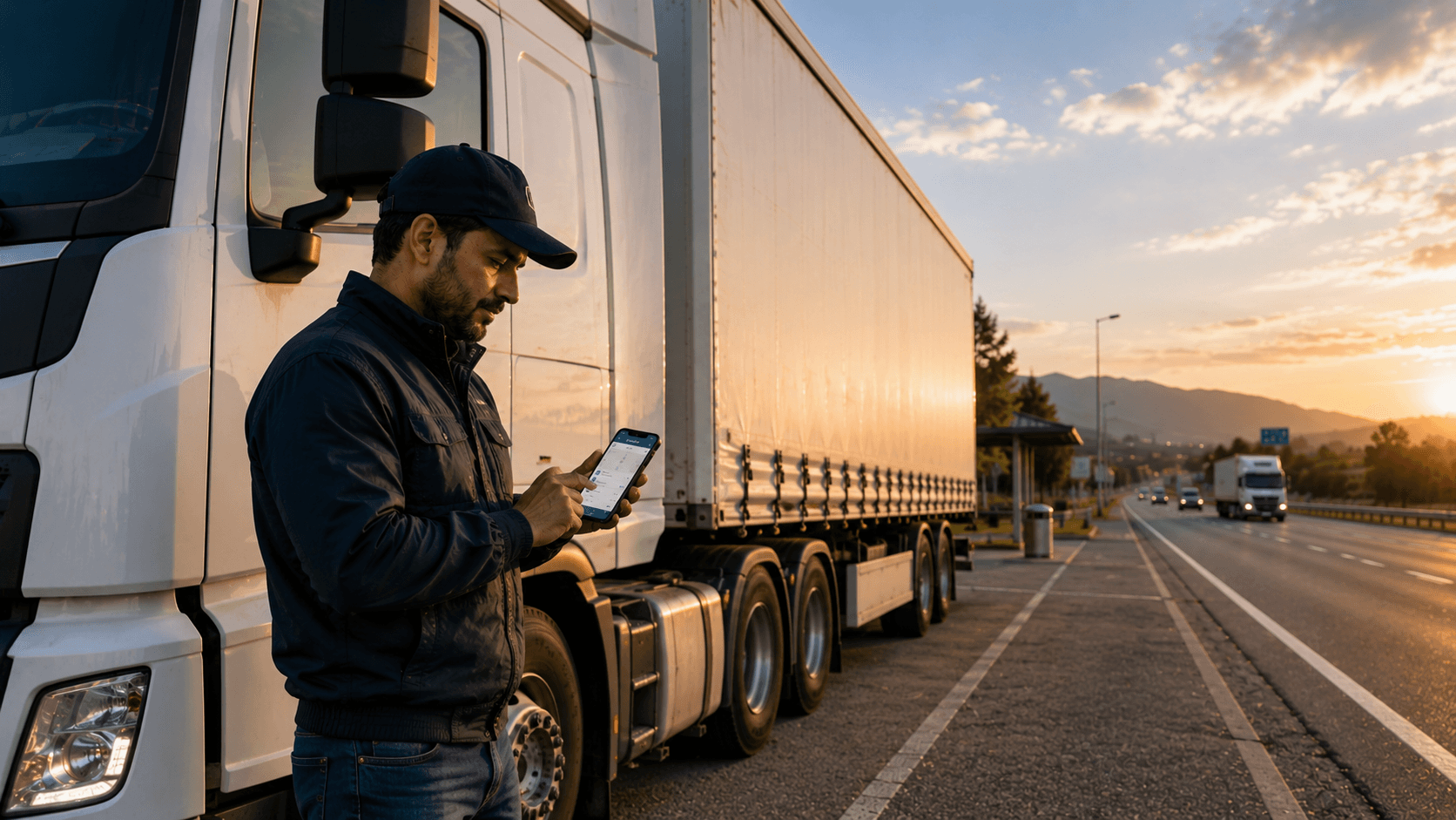 Full-truckload driver managing a dedicated long-haul movement beside a tractor-trailer