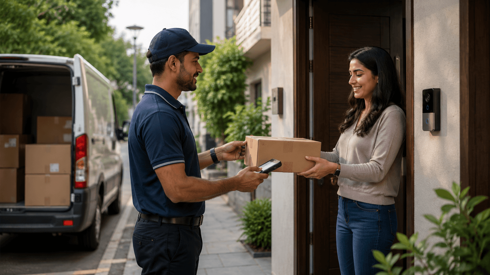 Last-mile delivery with driver handing a parcel to a customer at the door