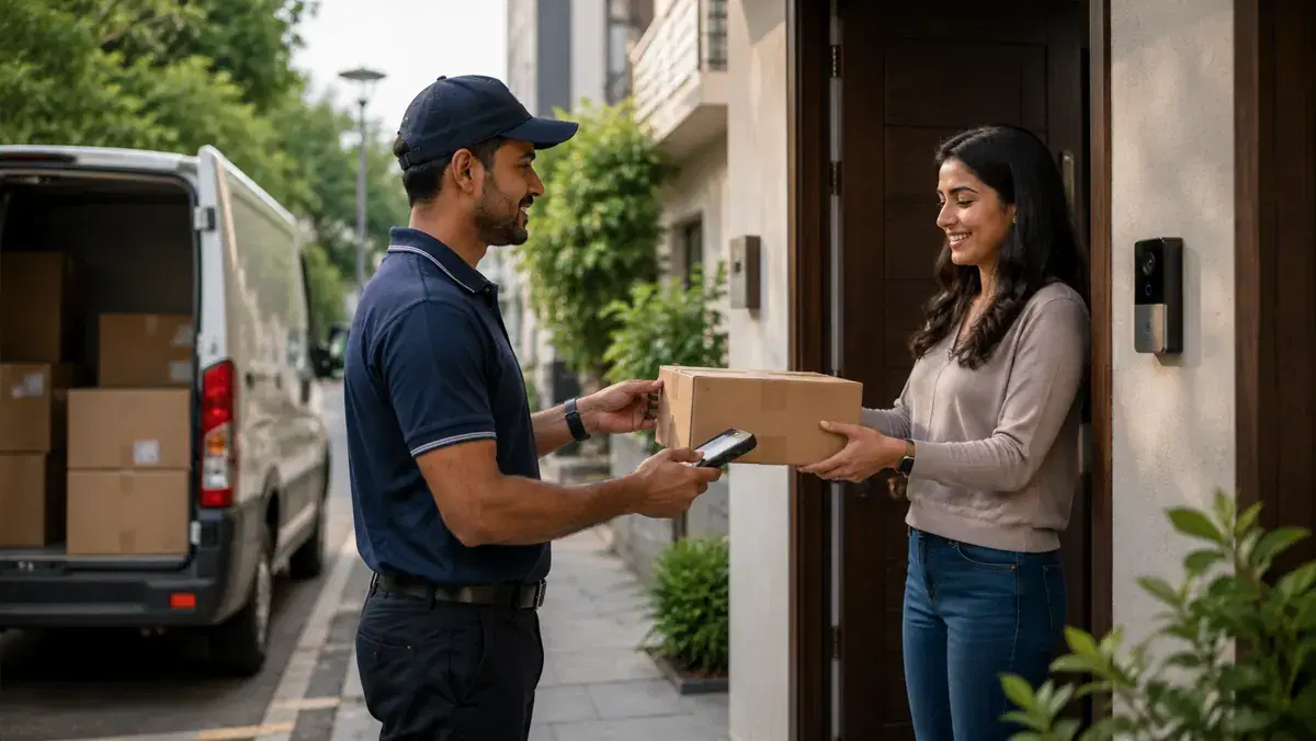 Delivery operator handing a parcel to a recipient at the final destination