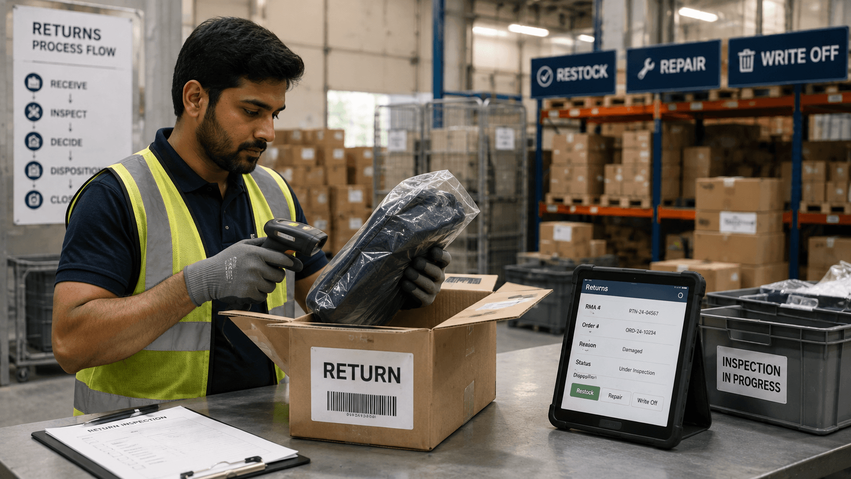 Returned-item inspection and scanning in a reverse logistics recovery area