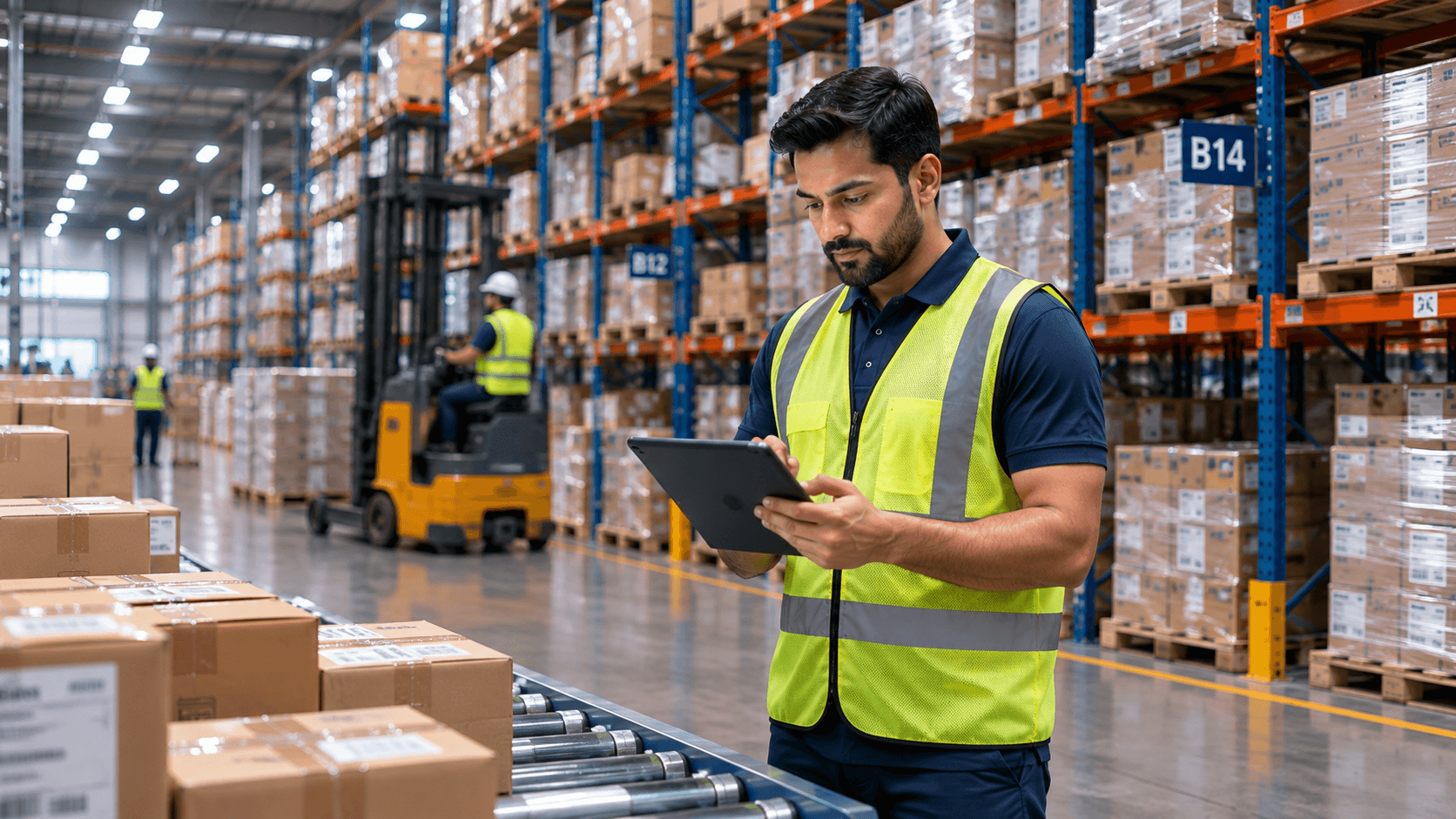 Logistics operations professional using a tablet in a multi-client distribution warehouse