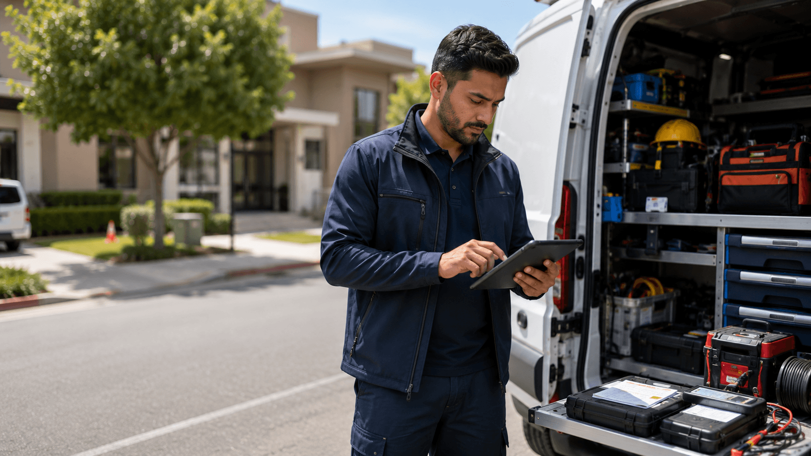 Field operations technician coordinating service work from a tablet beside a service vehicle