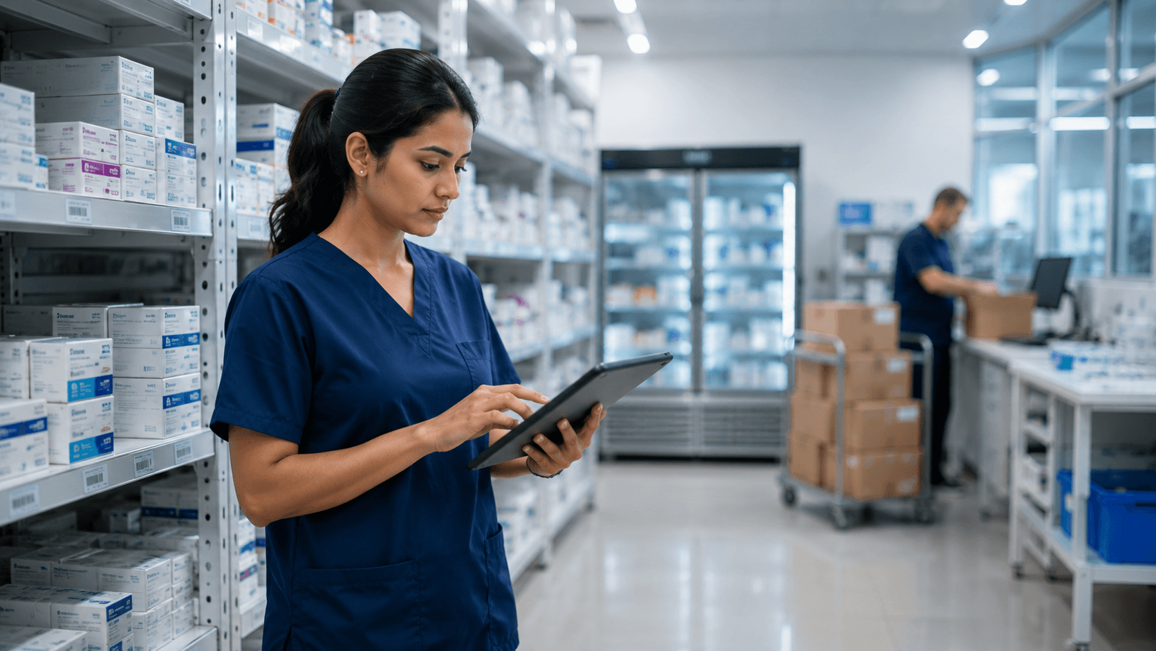 Healthcare logistics professional coordinating pharmacy distribution operations on a tablet