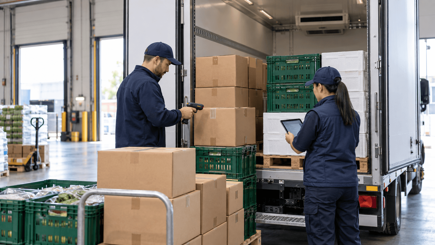 Distribution workers checking food loads beside a refrigerated delivery vehicle