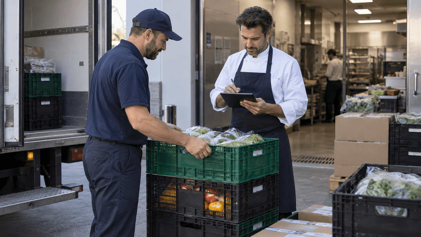 Outlet receiver and delivery worker verifying a food crate and proof on a tablet