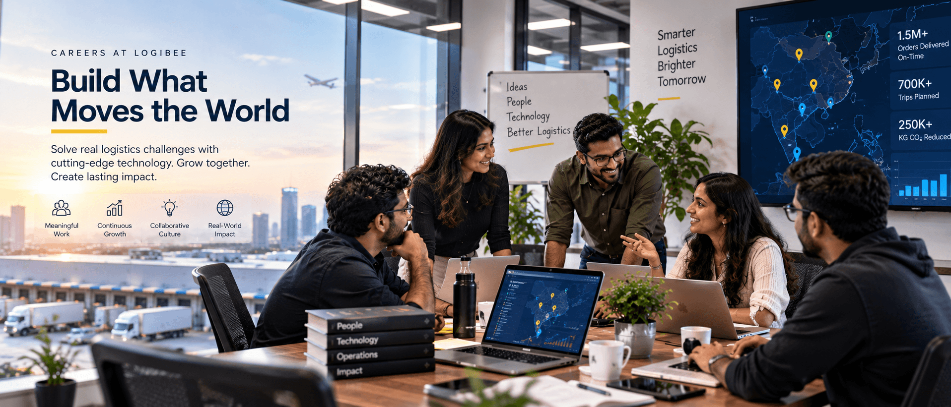 Professionals collaborating on logistics software in an editorial workplace scene