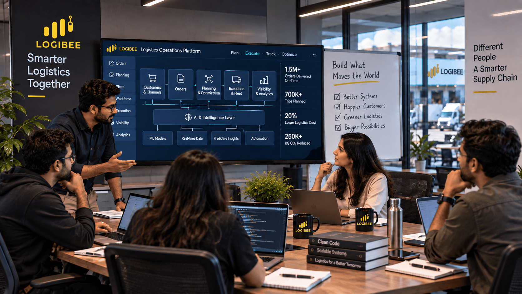 Engineering professionals collaborating on logistics software