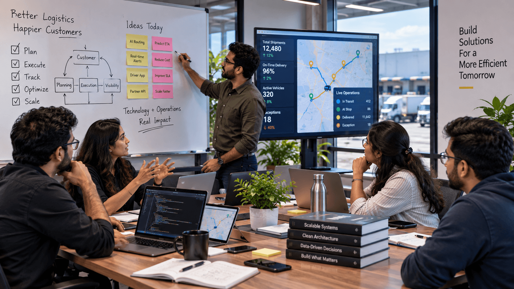 Product and operations professionals discussing a logistics workflow