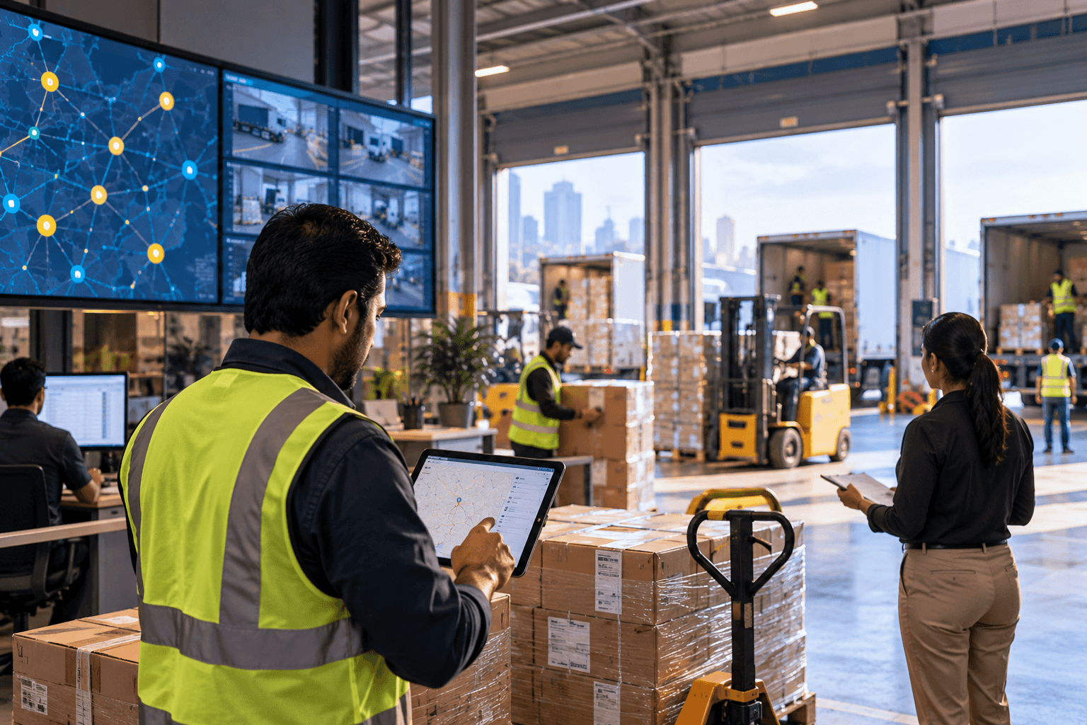Warehouse operation coordinating people, freight, vehicles and digital planning