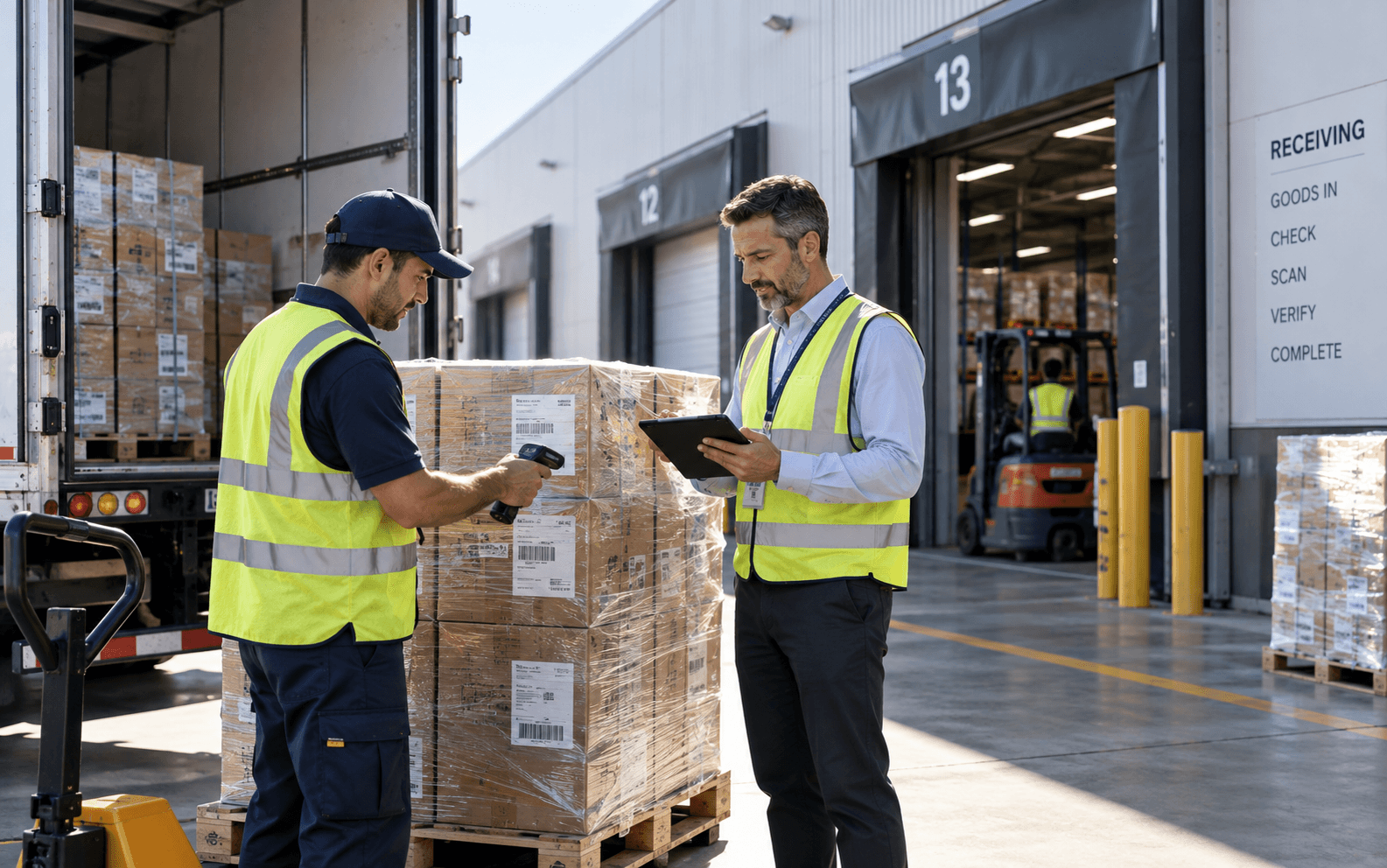 Commercial delivery handoff being verified at a receiving facility