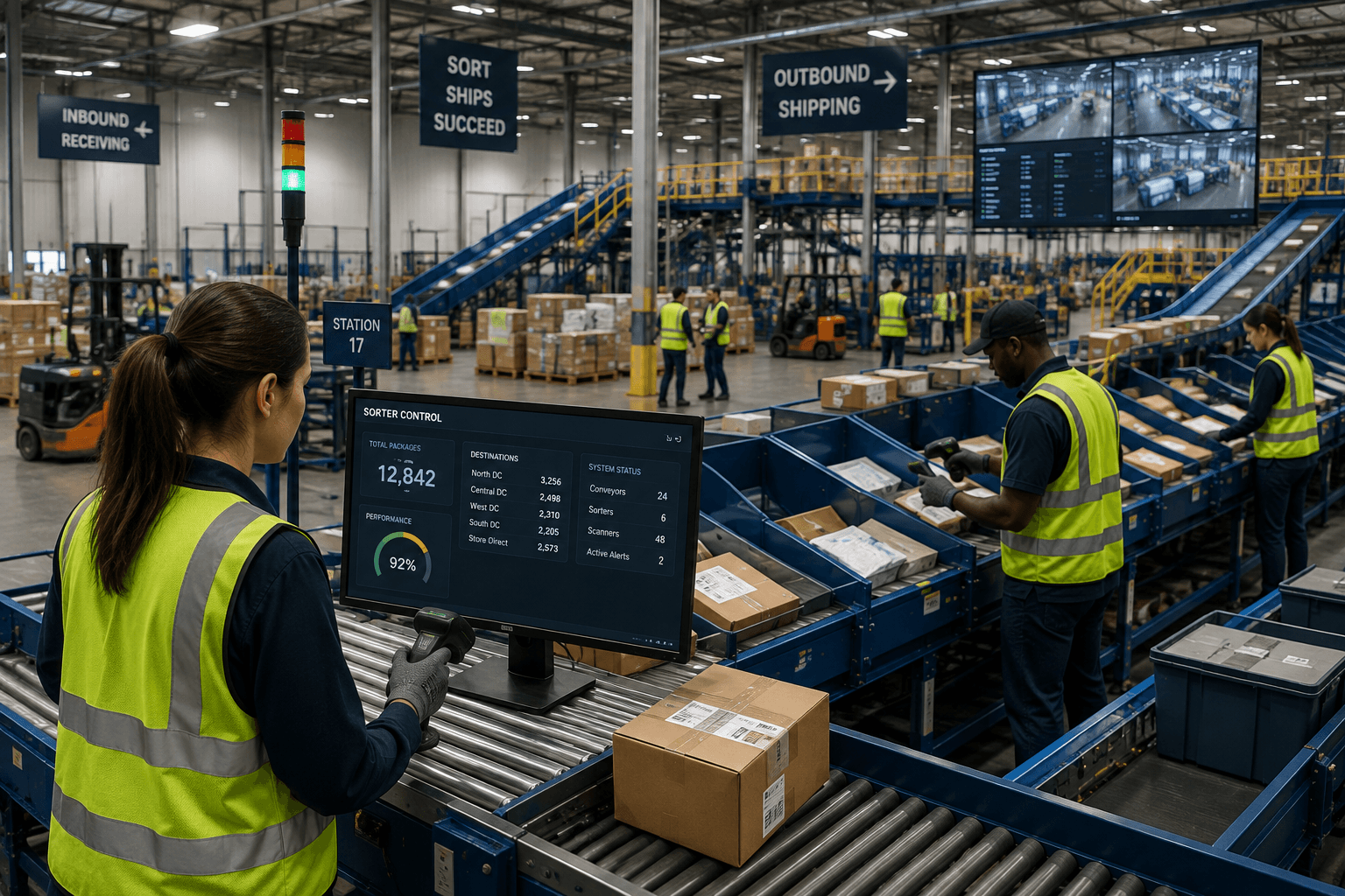 Warehouse team handling parcels at an operating hub