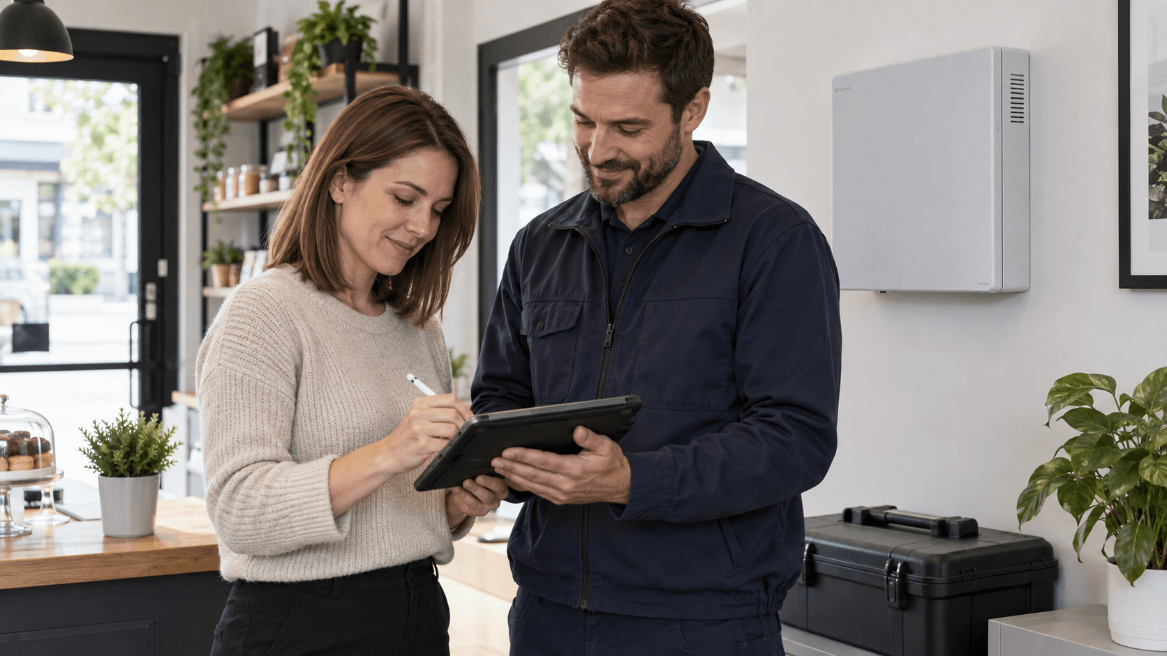 Field professional and customer reviewing completed service on a tablet