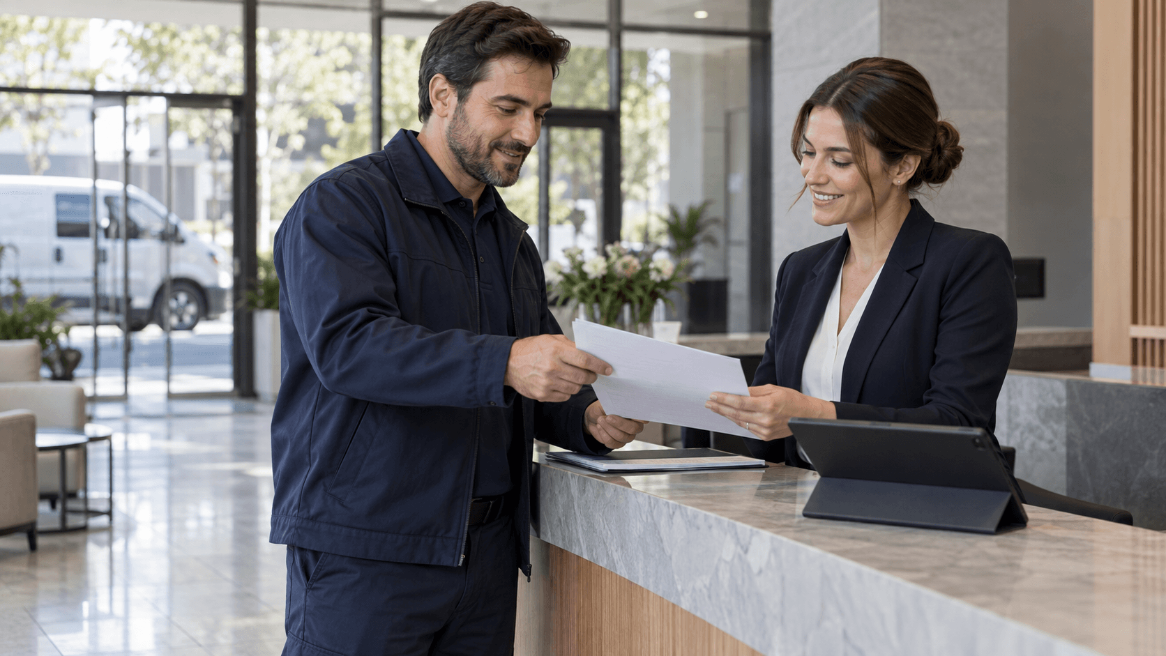 Field professional and customer reviewing visit requirements at a business site