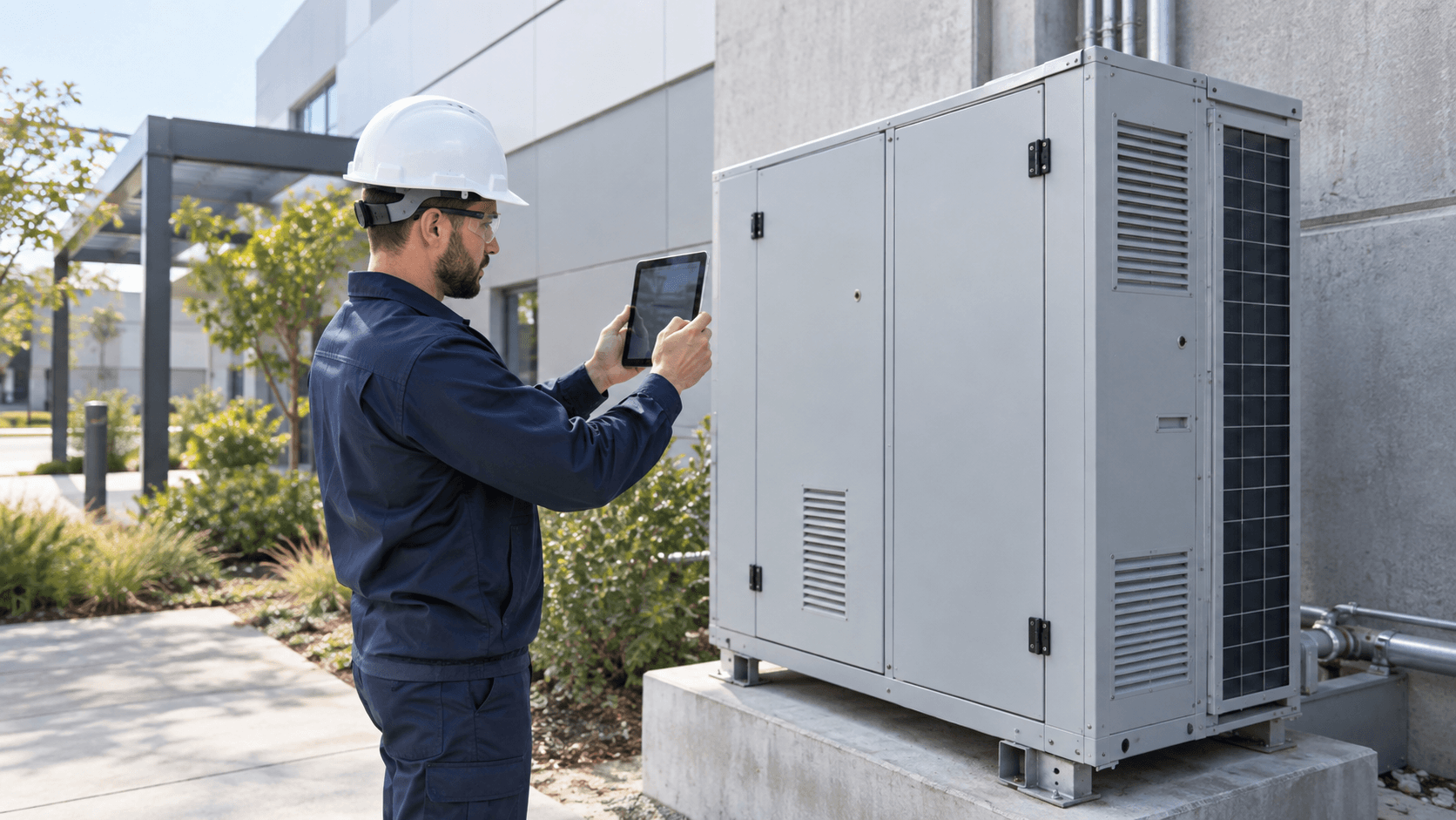 Field professional inspecting equipment at a commercial site