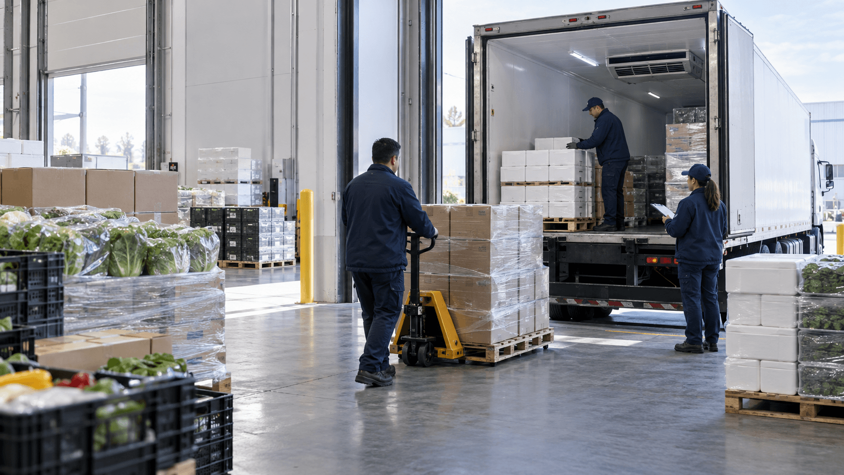 Food distribution vehicles and produce moving through a distribution center