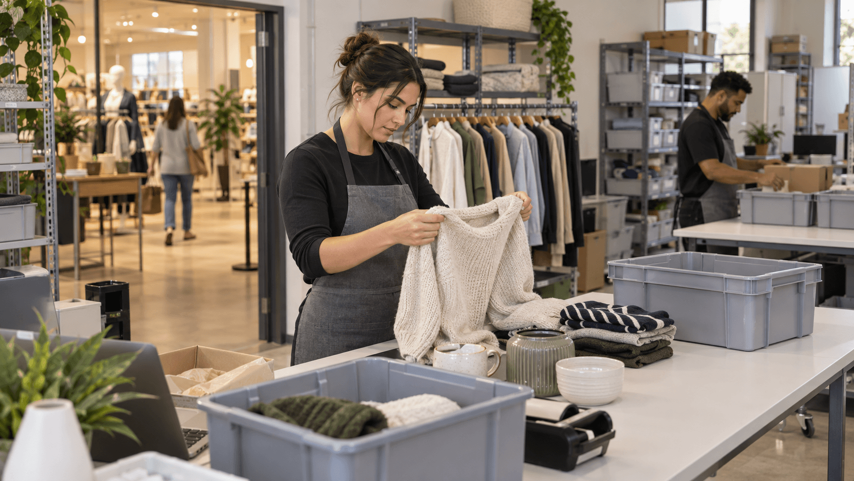 Retail operations team handling returned goods