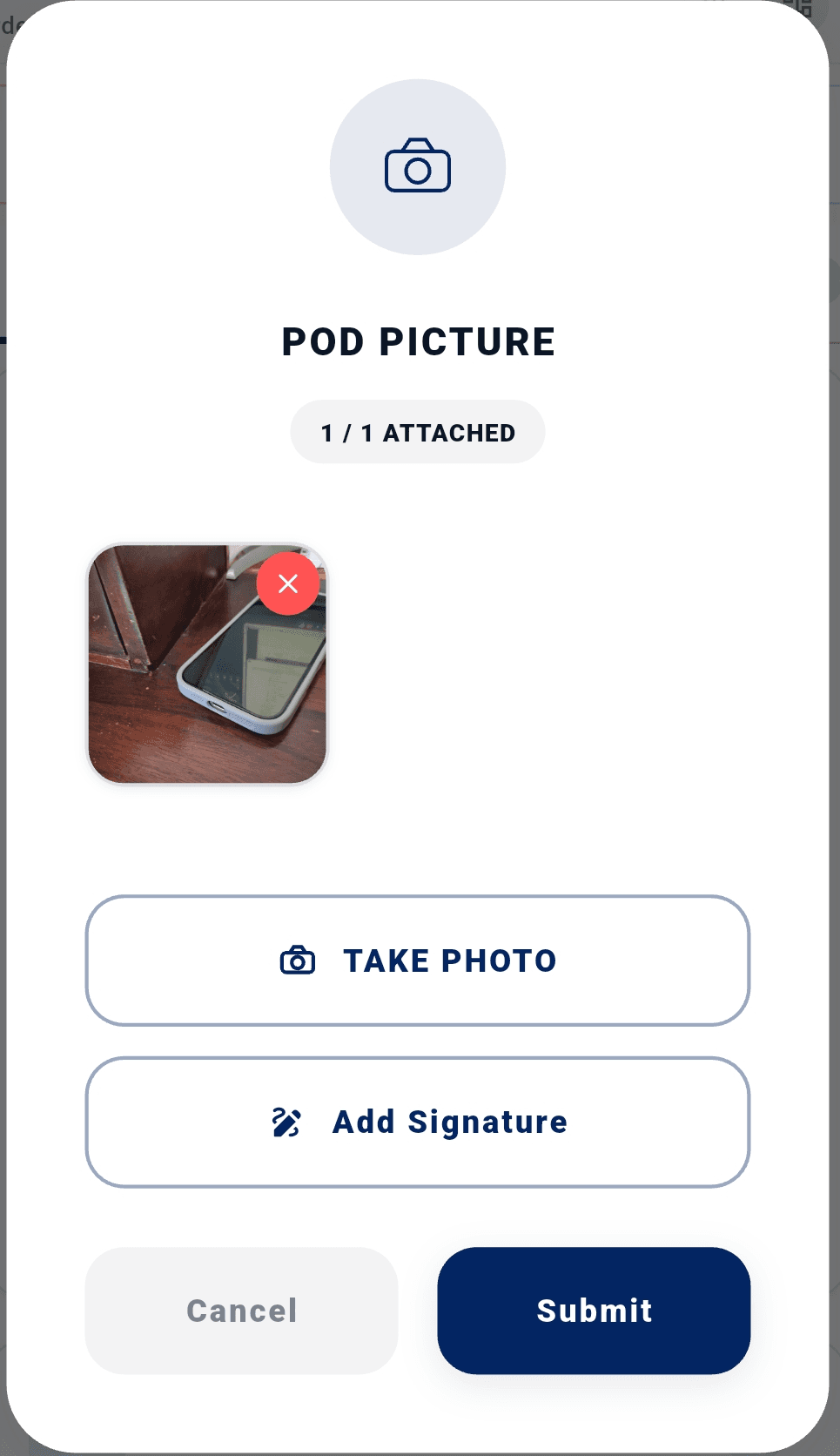 Logibee Driver App proof-of-delivery attachment and submit flow