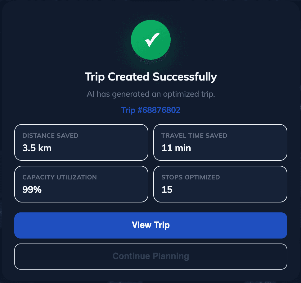 Logibee trip-created confirmation with optimized trip result and capacity utilization