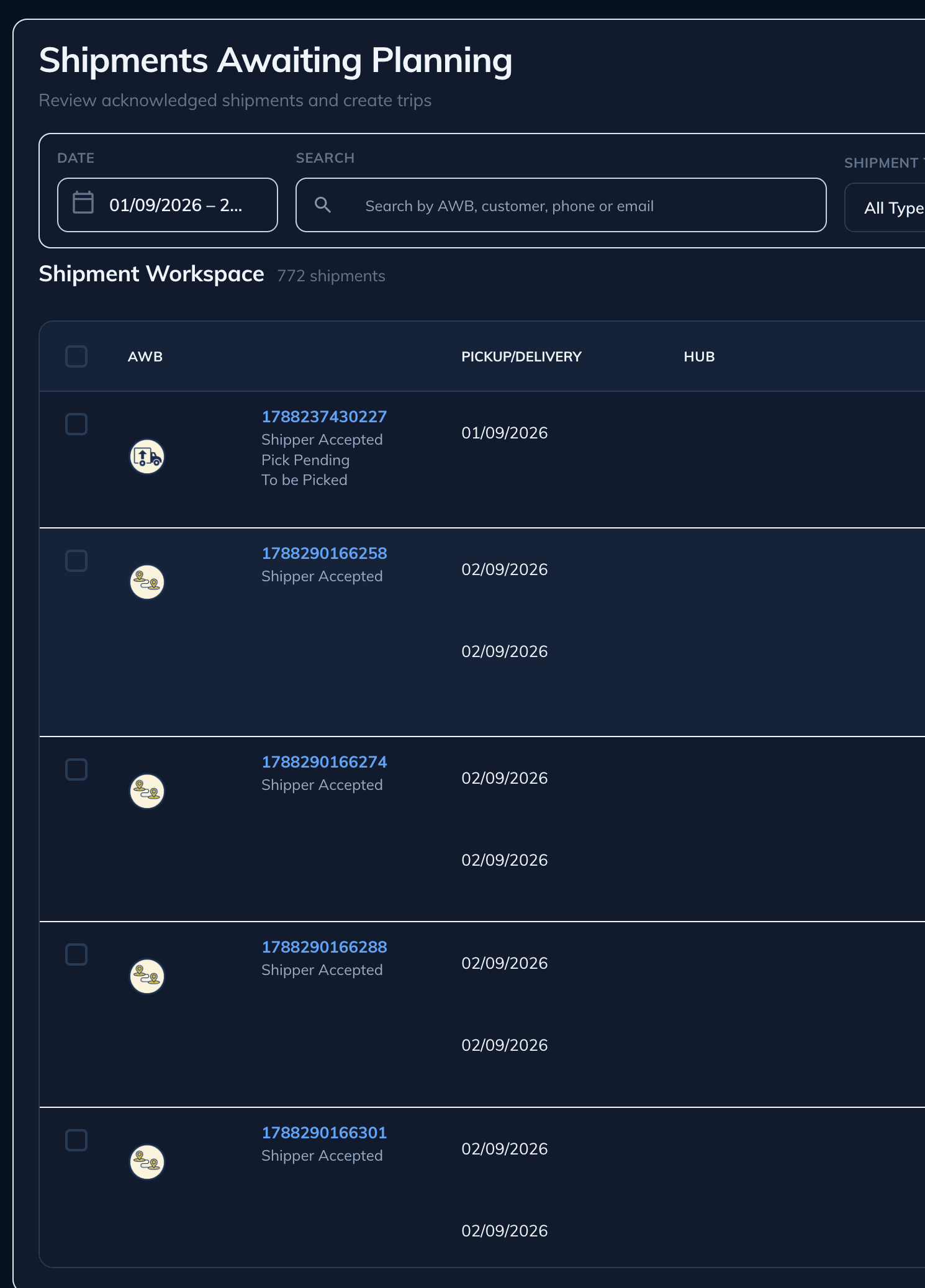 Logibee Shipments Awaiting Planning workspace showing acknowledged demo shipments and their planning status; address details are outside the crop.