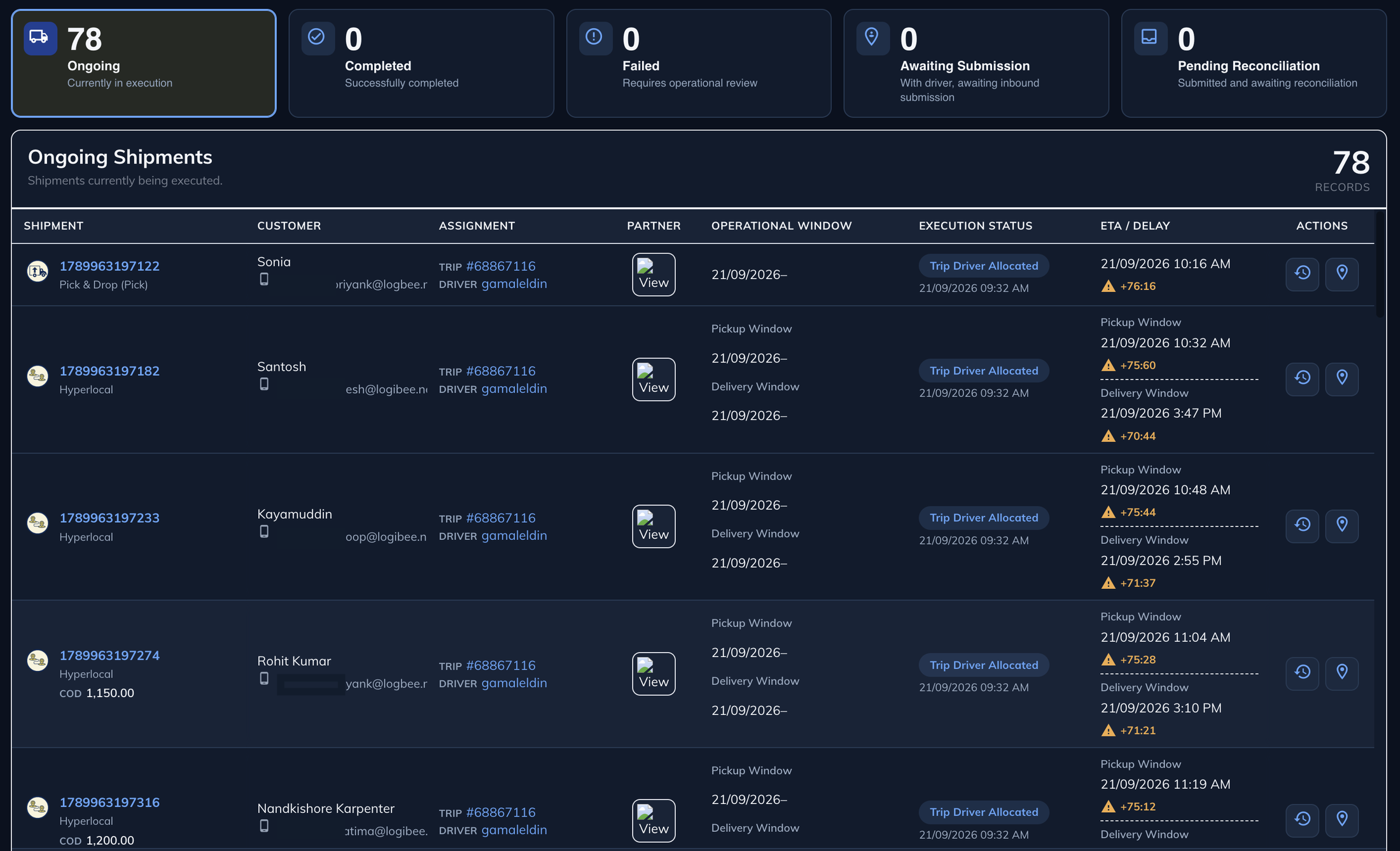 Logibee execution queue showing demo ongoing shipments, operational windows and delay signals
