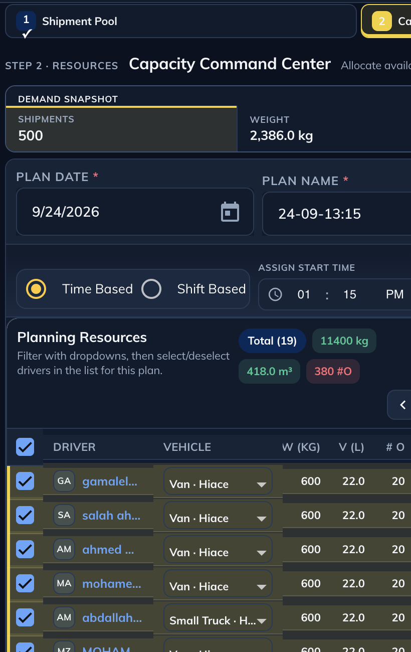Logibee fleet assignment workspace showing approved demo resource capacity with the map cropped away