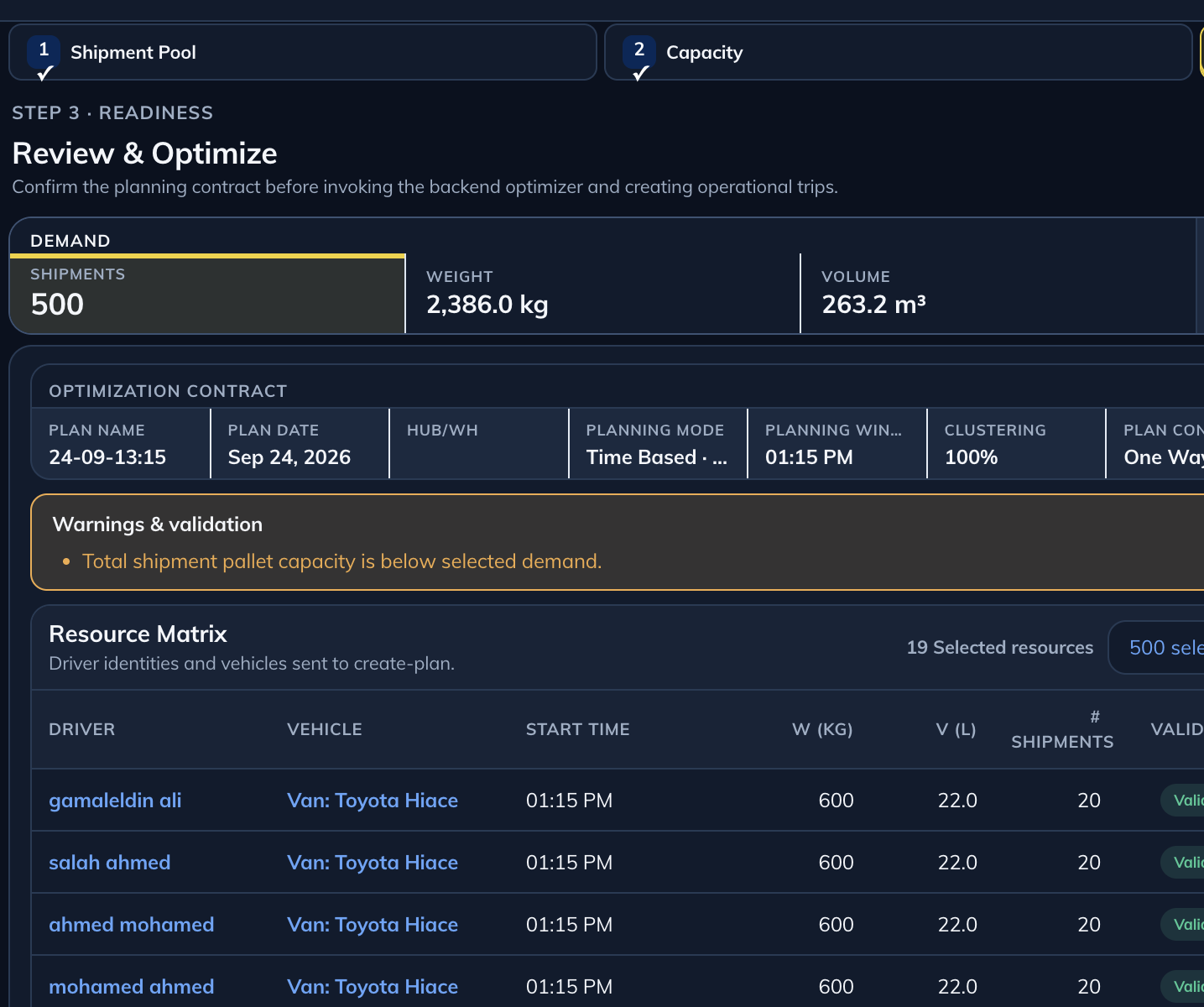 Logibee planning workspace showing approved demo demand, constraints and resource capacity, cropped before the real map