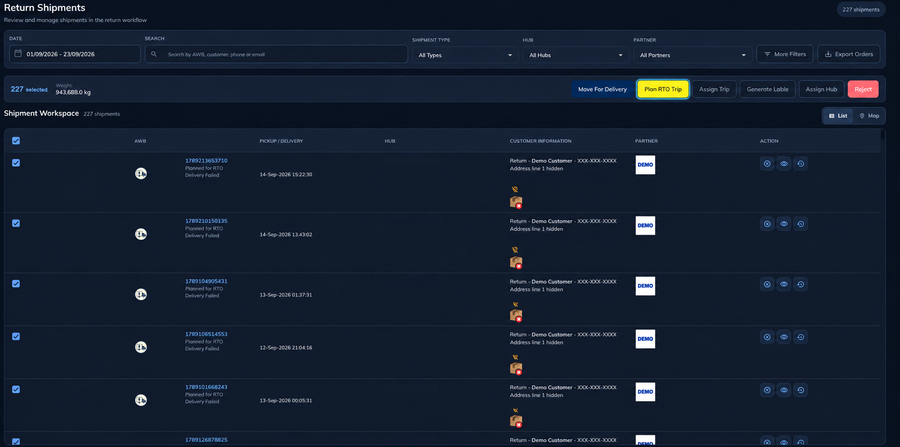 Logibee return shipment workspace showing approved demo records, with precise location lines protected