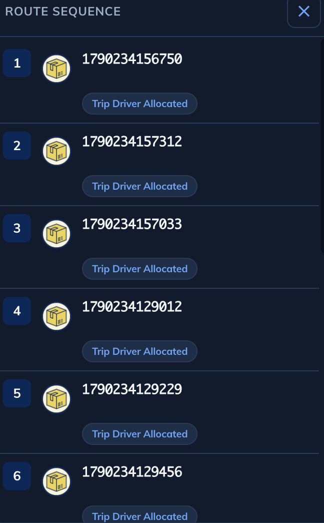 Logibee trip command and route sequence showing approved demo trip identifiers, stops and execution state; address details and map are excluded